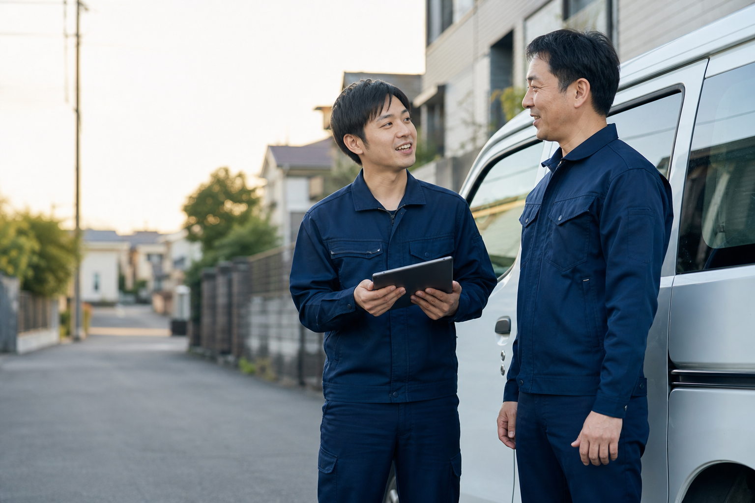 仕事について気軽に話す二人のサービスエンジニア