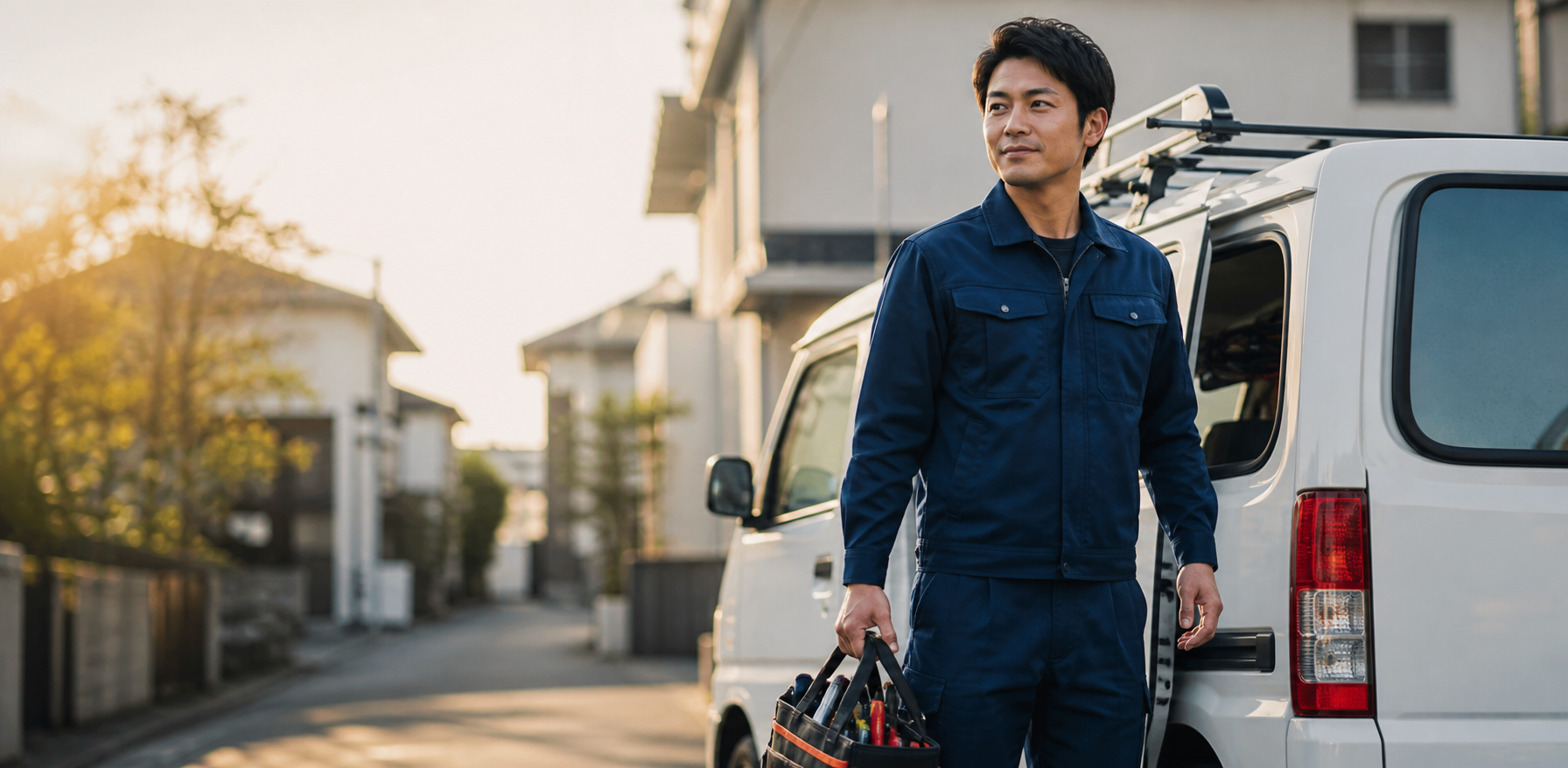 サービス車両の前で現場へ向かうサービスエンジニア