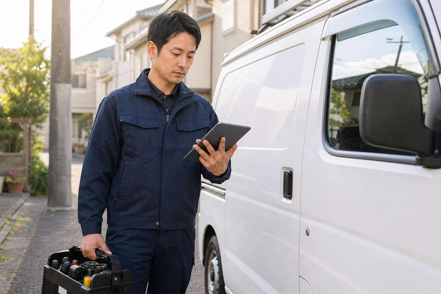 サービス車両のそばで訪問内容を確認する業務パートナー