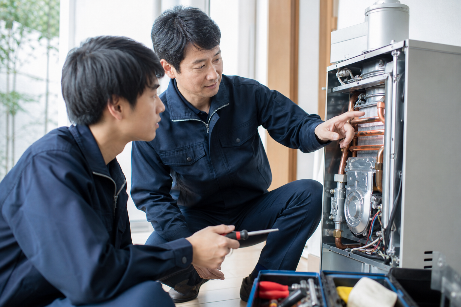先輩から住宅設備の点検技術を学ぶ若手サービスエンジニア